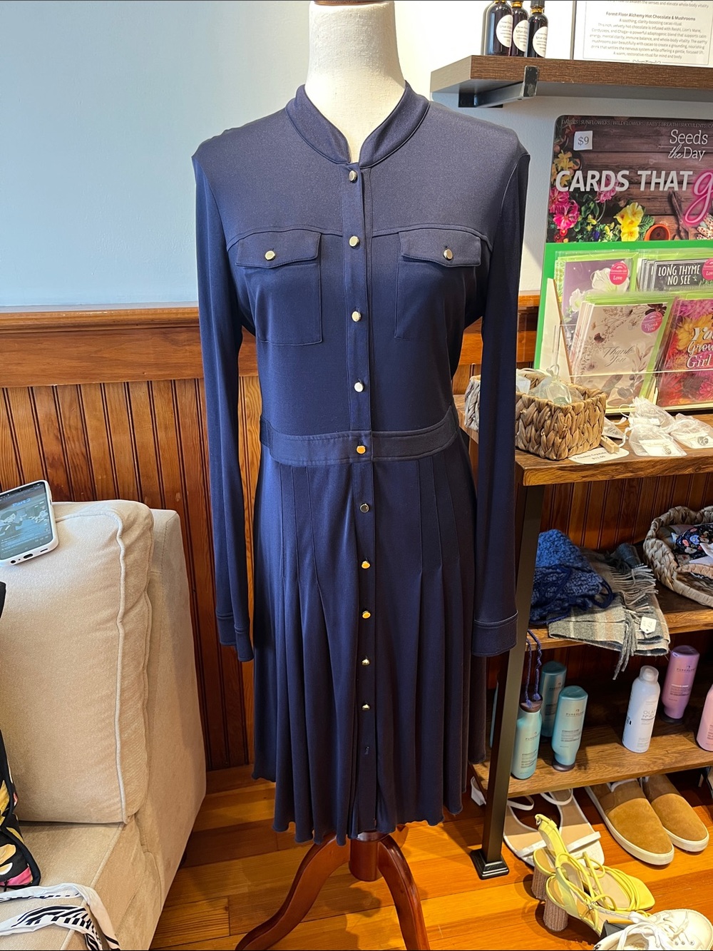 Tory Burch Navy Long-Sleeve Pleated Shirt Dress with Gold Buttons